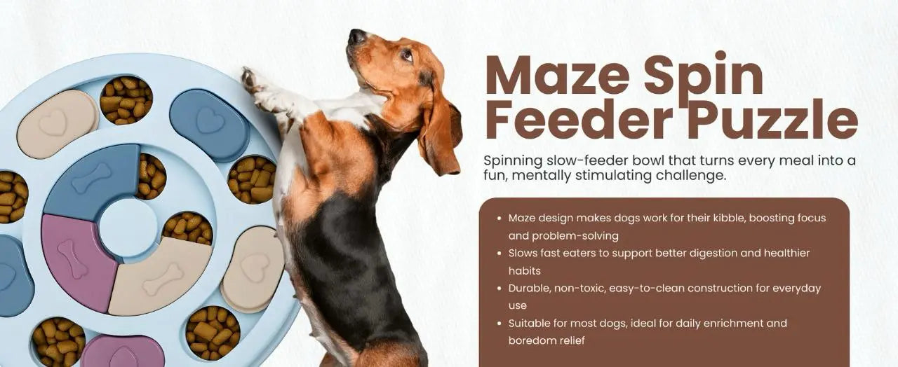 Dog playing with a Maze Spin Feeder Puzzle for Fun Mealtimes