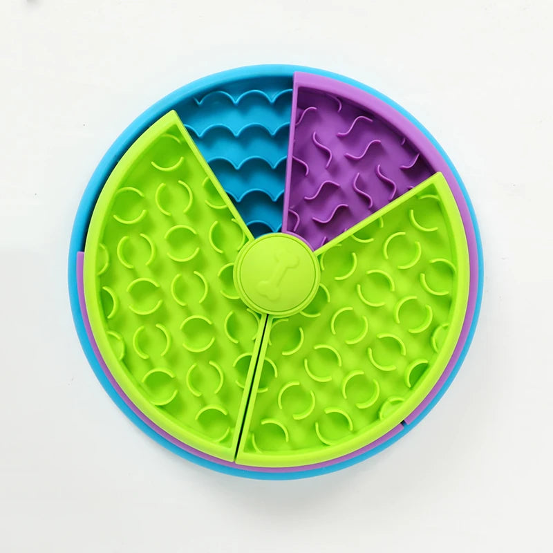 Interactive rotating dog slow feeder puzzle bowl with three compartments, designed to reduce fast eating, promote brain training, and prevent boredom. Made of durable, BPA-free material with a non-slip base, Australia