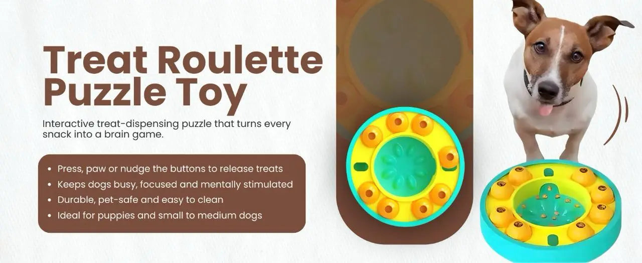 Dog treat roulette puzzle toy with a dog interacting with it