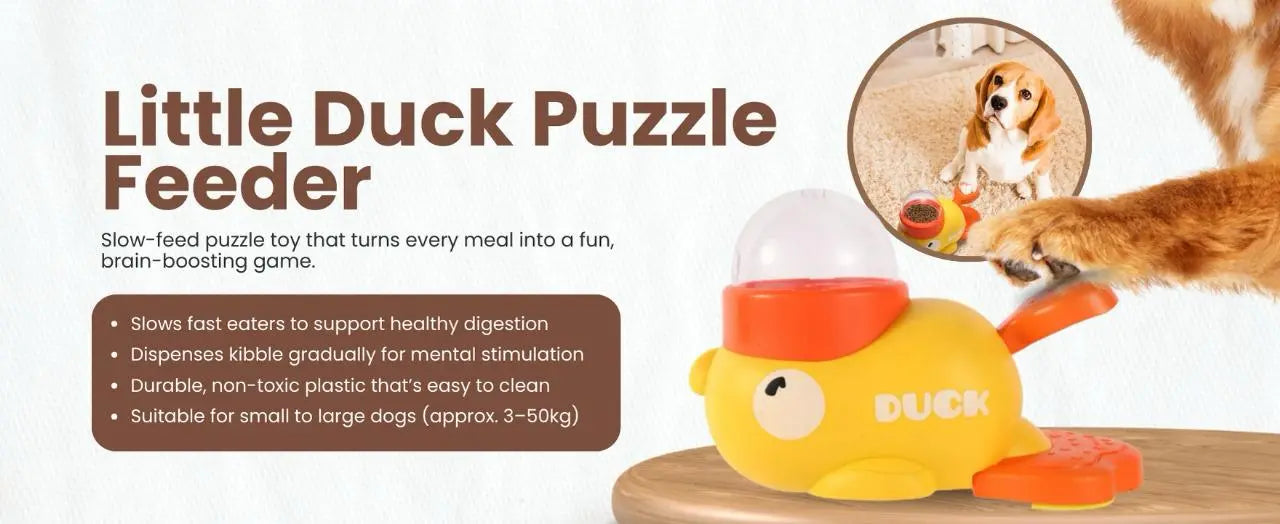 Dog puzzle feeder shaped like a duck for healthy and fun interactive mealtime
