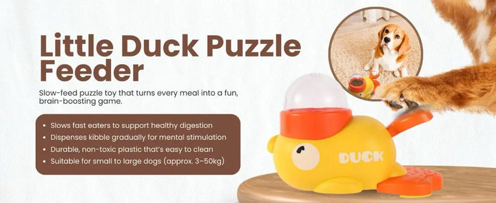 Dog puzzle feeder shaped like a duck for healthy and fun interactive mealtime