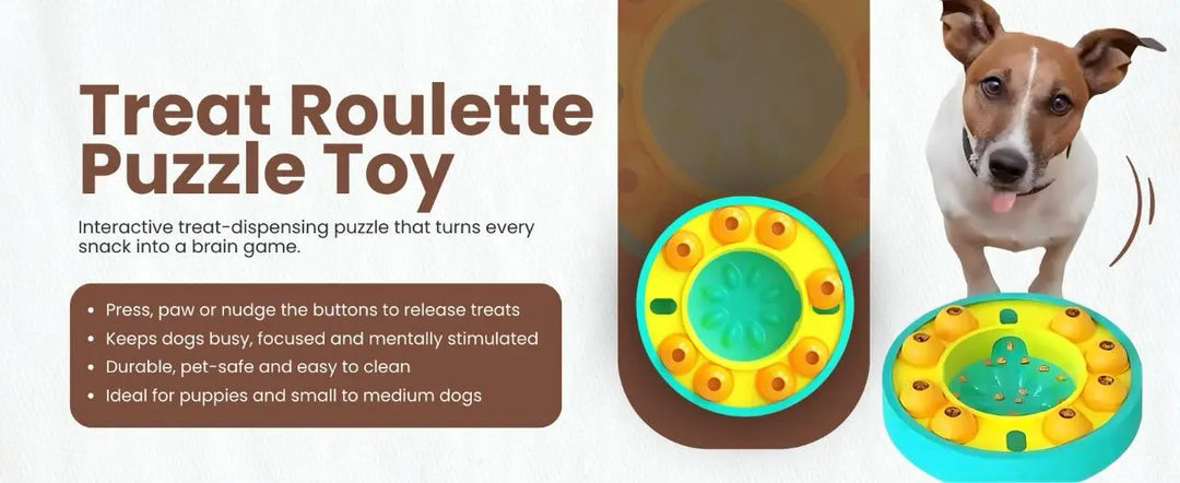 Dog treat roulette puzzle toy with a dog interacting with it